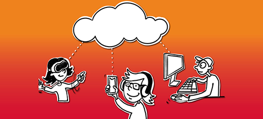 Dekorativer Zweck - Kinder kommunizieren über eine cloud