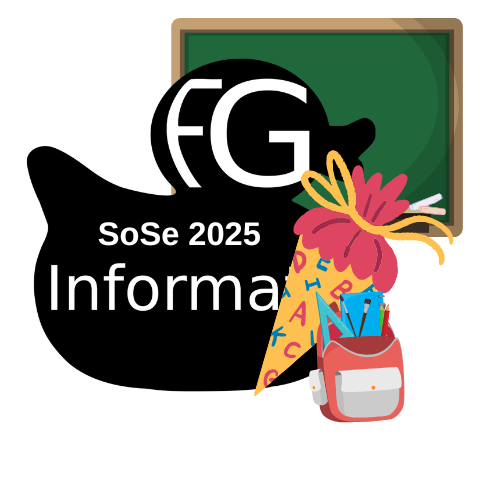 Das Logo des Fachgruppenrats Informatik (Eine Ente mit Schriftzug) mit einer Schultüte und einem Rucksack vor einer Tafel. In der Mitte steht SoSe 2025.