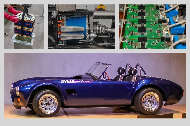 Antriebsstrangkomponenten mit Traktionsbatterie, -motor und Wechselrichter des IMAB-Racers sowie das Gesamtfahrzeug. 