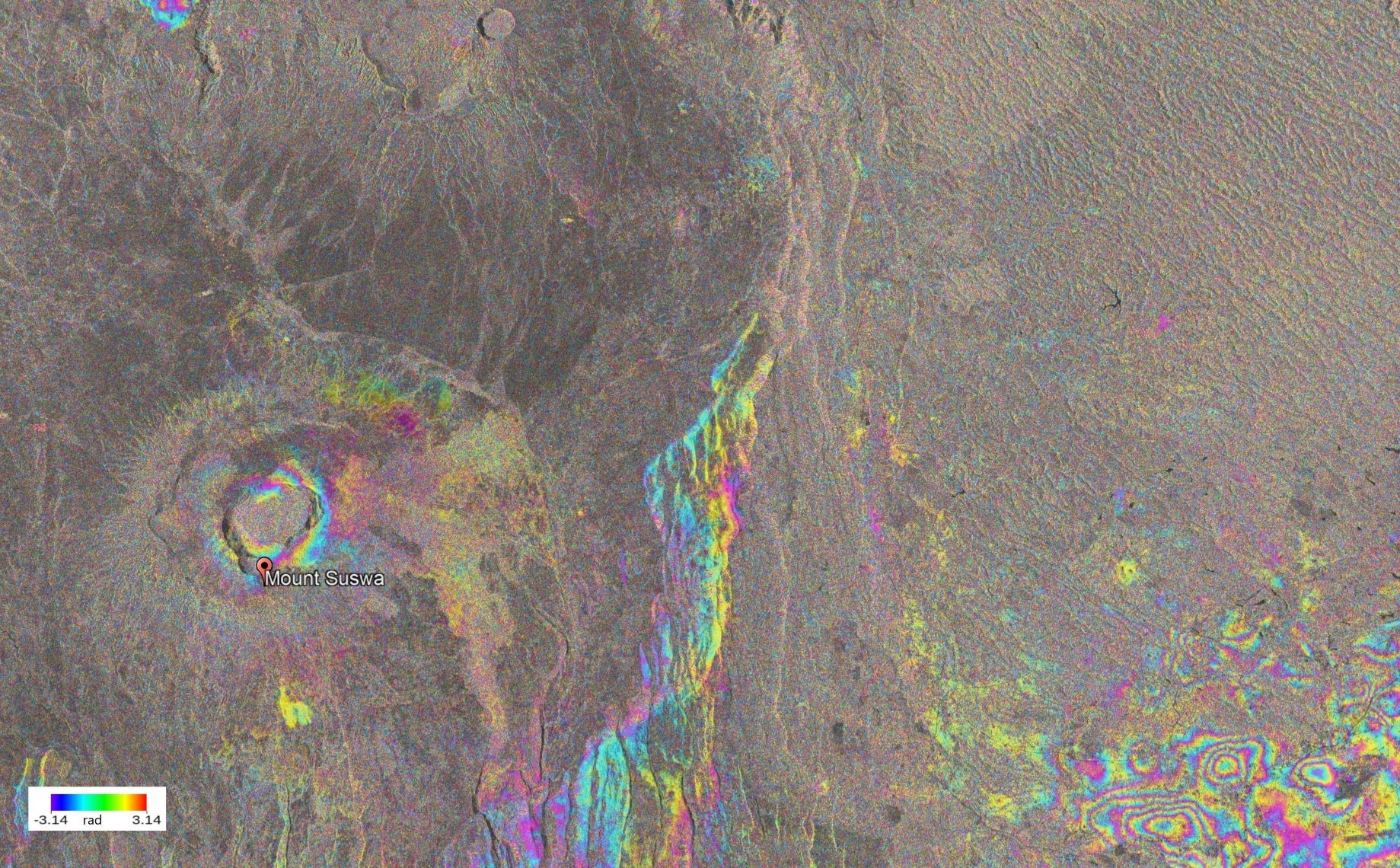 A wrapped Sentinel-1 interferogram for the period 2017-2020 showing significant deformation at Suswa Volcano associated with magma activity and at Nairobi caused by overexploitation of groundwater