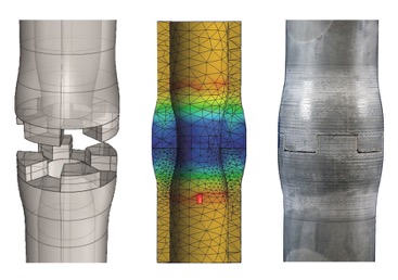 Digital design model, FE analysis and photo of an assembled dry joint
