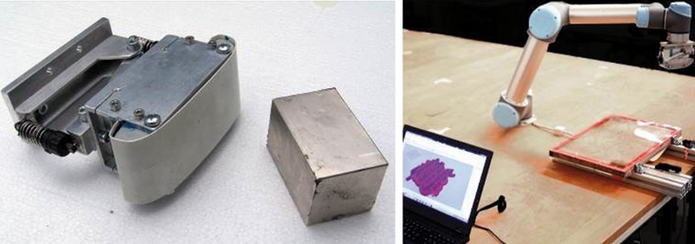 Fig 3: Prototype of an end effector with ultra strong neodymium magnet of 50x50x80mm to be mount on a robot (left) and small-scale experiments on robot-assisted magnetic alignment of steel fibers in transparent gel (right);  