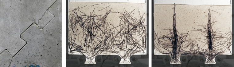 Fig 2: Typical crack pattern after shear tests of dry jointed tooth connections between thinwalled UHPFRC plates (left); Random distribution of steel fibers (center) and their transformation to crack-bridging tooth roots (right)