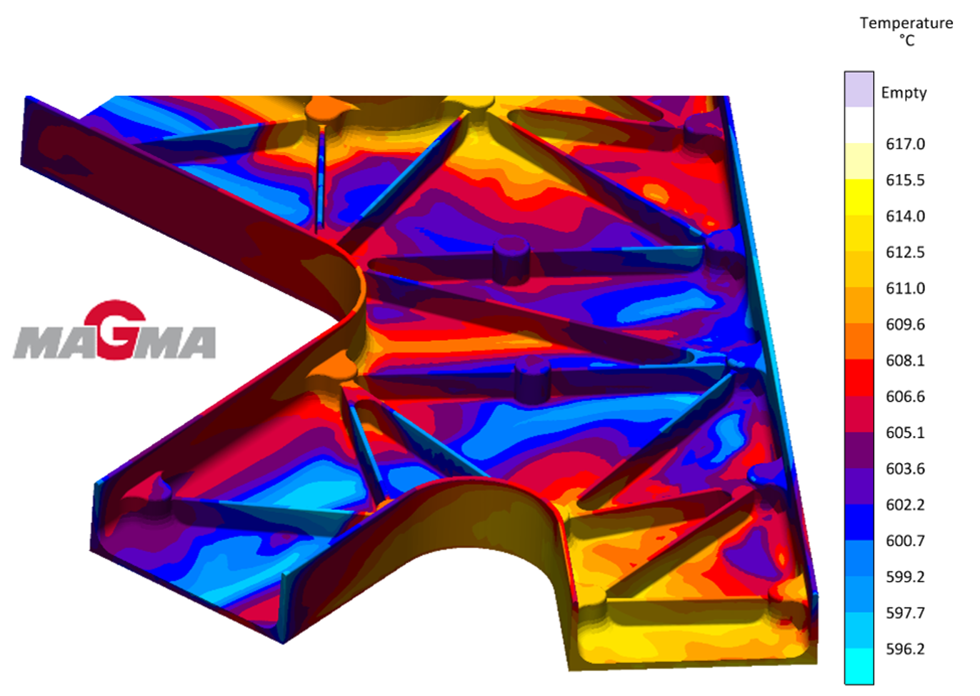 Das Bild zeigt die inhomogene Temperaturverteilung auf einem erstarrenden Aluminium-Druckgussbauteil als Falschfarbenbild.