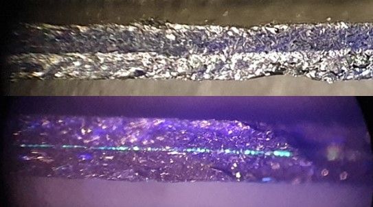 Klebfugen, sichtbar gemacth mittels UV-Marker