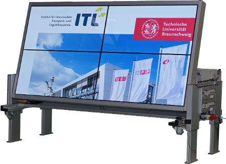 MAS-Experimentiertisch im hochkant aufgestellten Präsentationsmodus, mit Logo des ITL und der TU Braunschweig