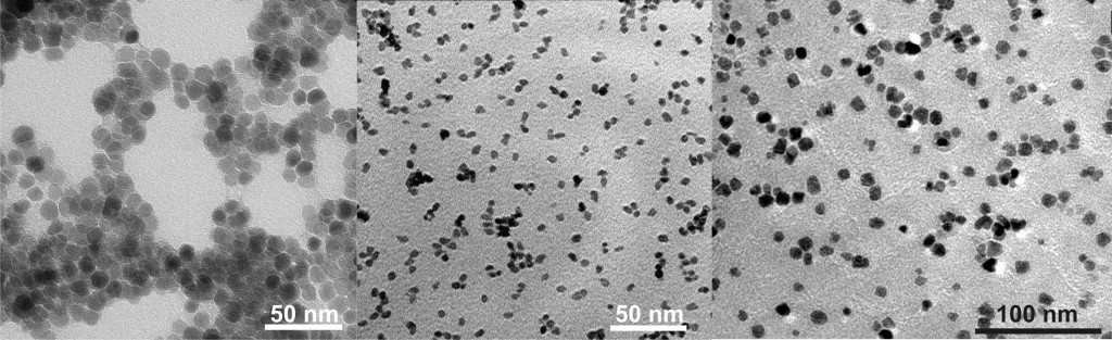 Transmissions-Elektronenmikroskopaufnahmen von Fe3O4-Nanopartikeln, ZrO2-Nanopartikeln und Indiumzinnoxid-Nanopartikeln (v.l.n.r.).