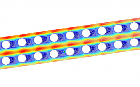 CFD-DEM-Simulation eines DLD-Mikrosystems bei Re=50 mit Wirbelbildung 