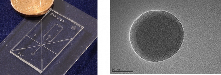 Quanomet - Abbildung links: Mikrofluidischer Chip Abbildung rechts: Nanopartikel mit einem Polystyrolkern und einer Polyacrylsäurehülle