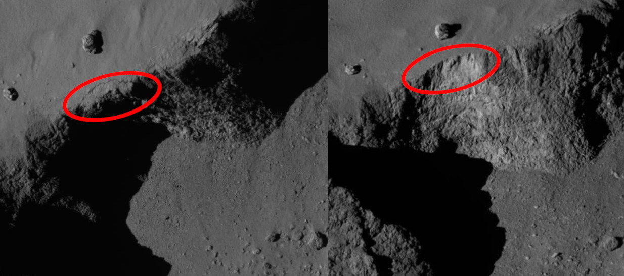 Die Aswan-Klippe (rot markiert) vor (links) und nach (rechts) ihrem Kollaps. Bilder wurden bearbeitet.