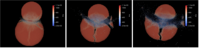 Collision between two small planetary objects 140 s, 410 s, and 680 s after the impact.