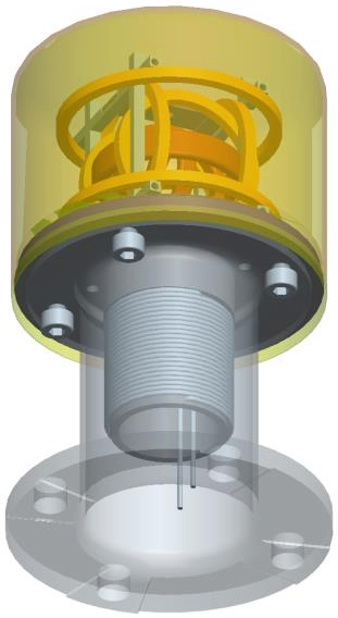 JMAGIB sensor CAD model with the sensor head on the top covered by an aluminum cap. The bottom part is a stand-off for the mechanical support and thermal decoupling from the boom. Inside the stand-off resides an internal heater.