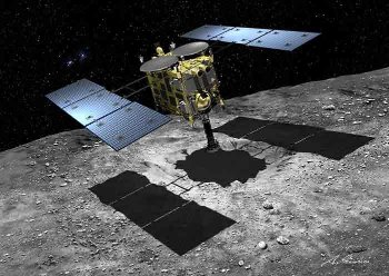 Artist's impression of the Hayabusa spacecraft collecting asteroid material.