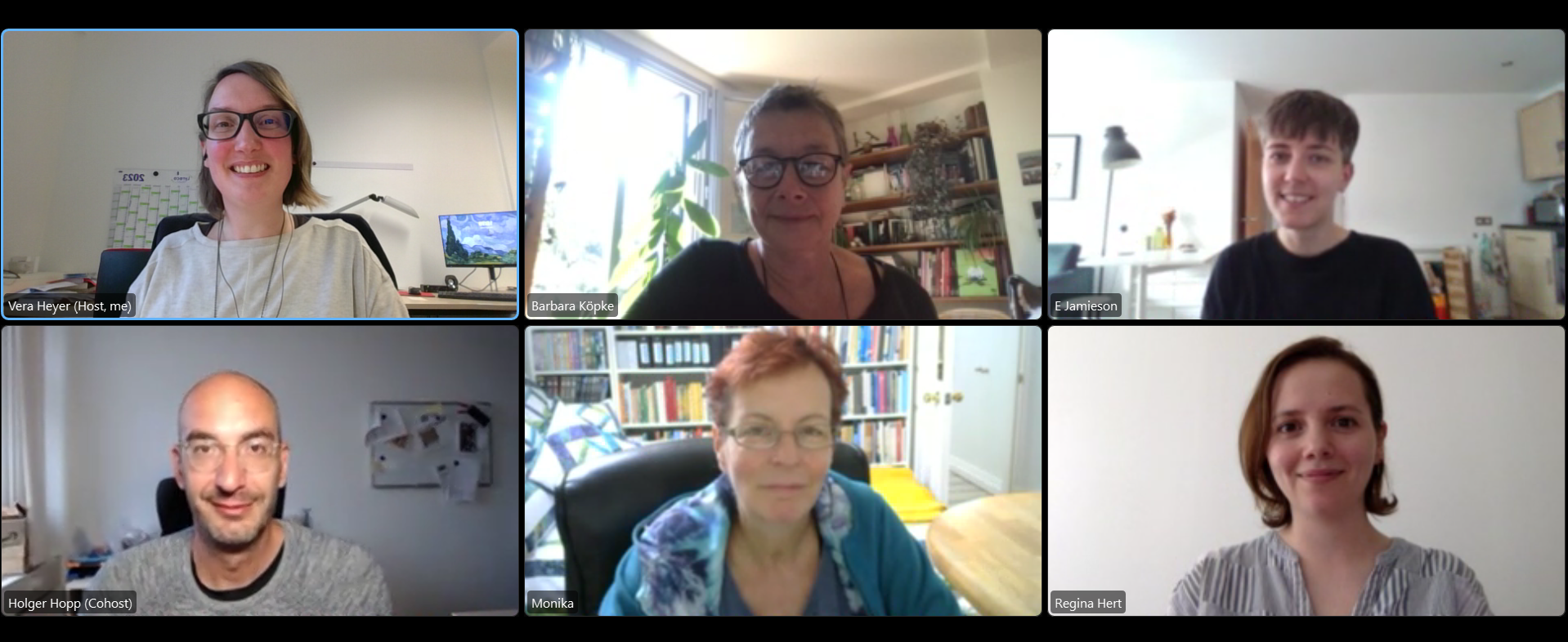 Picture of a Zoom meeting featuring 6 members of the BILDEV team: Holger Hopp, Vera Heyer, Monika Schmid, E Jamieson, Barbara Köpke, and Regina Hert