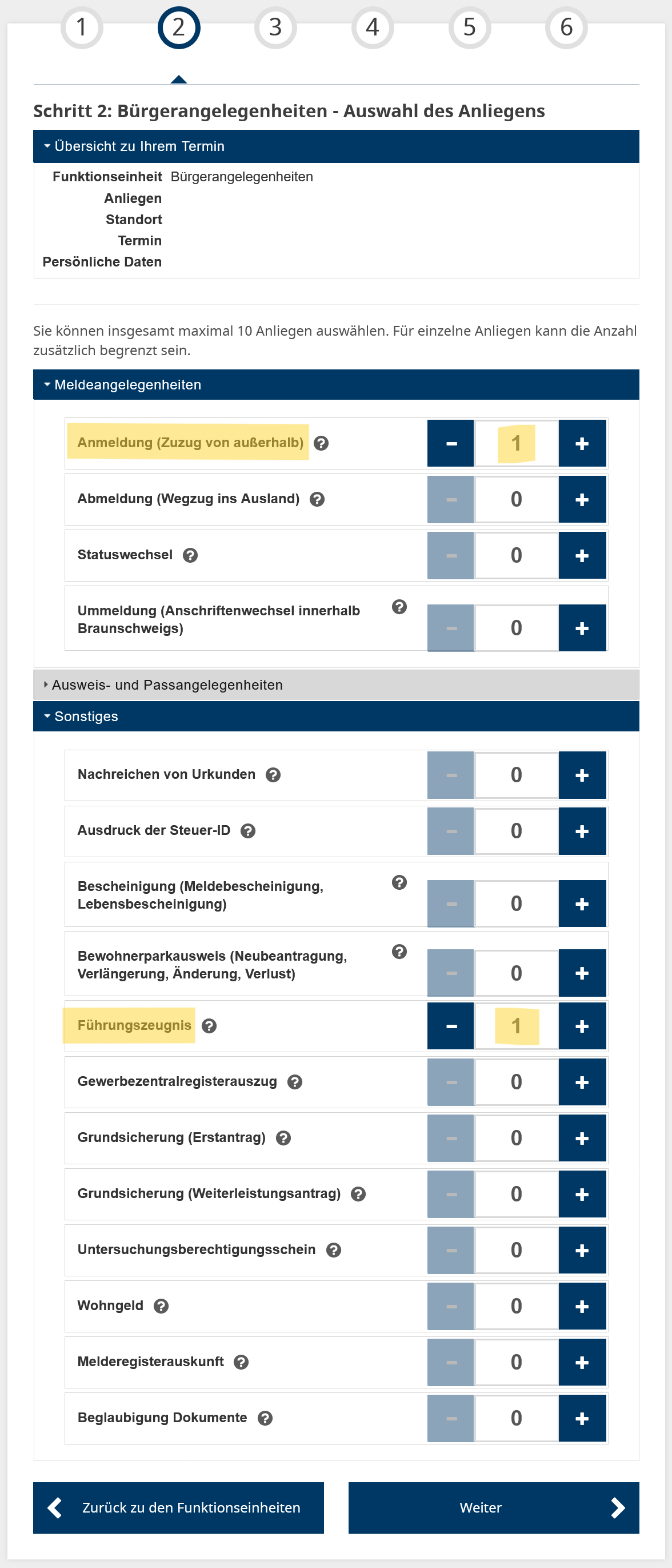 Screenshot Online Terminvergabe