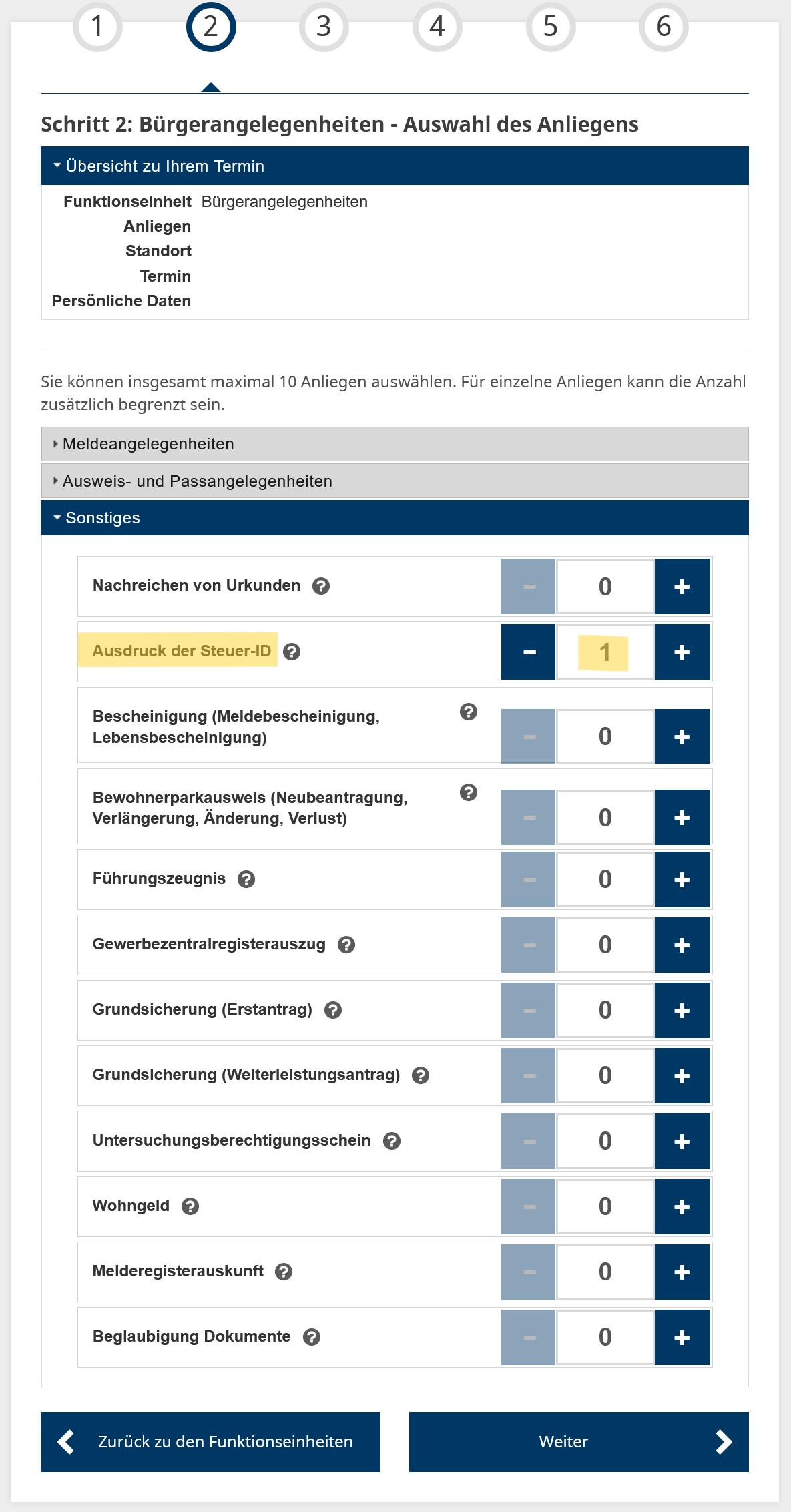 Screenshot Online Terminvergabe