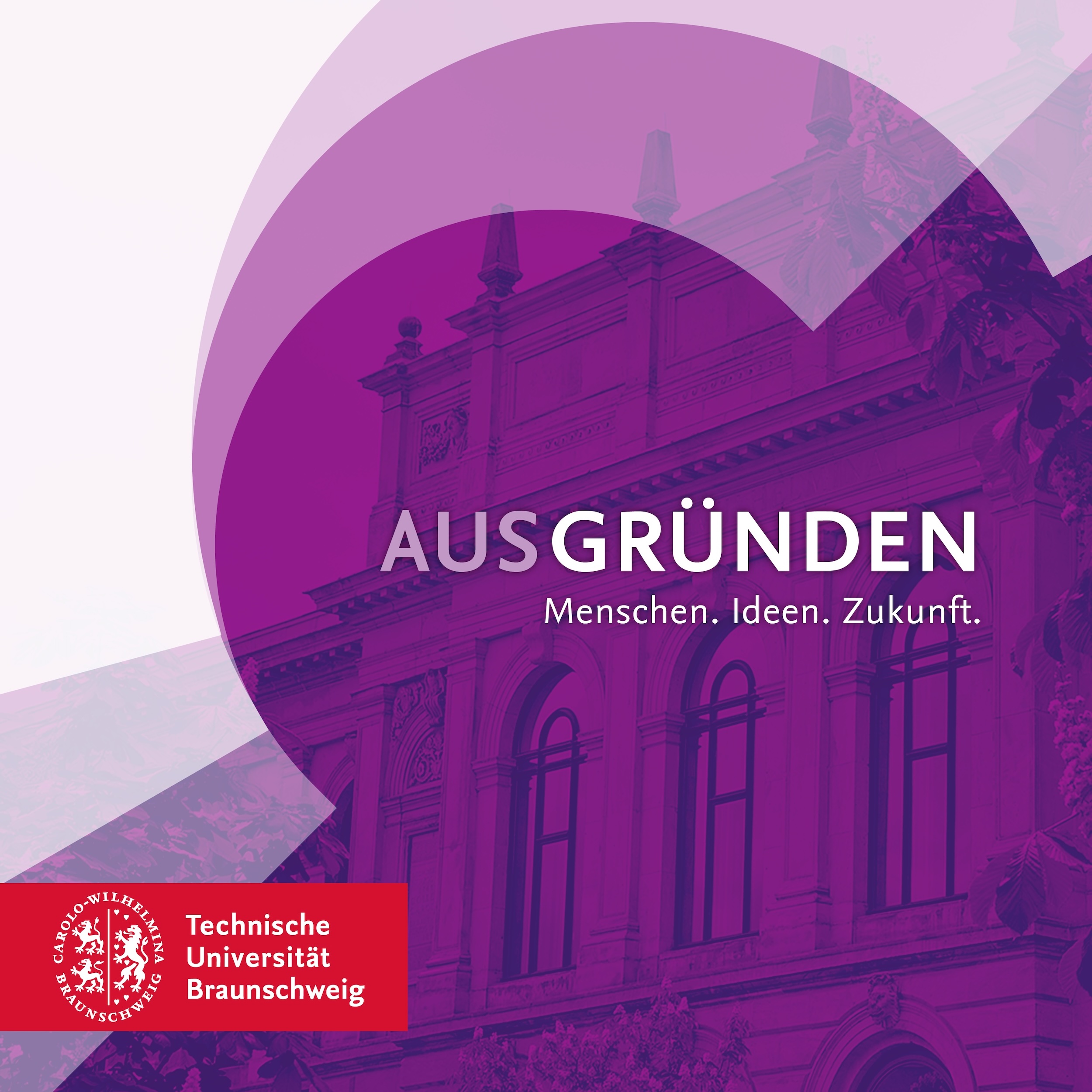 Podcast-Cover, Foto des TU-Altgebäudes mit Lila Vignette und Schriftzug