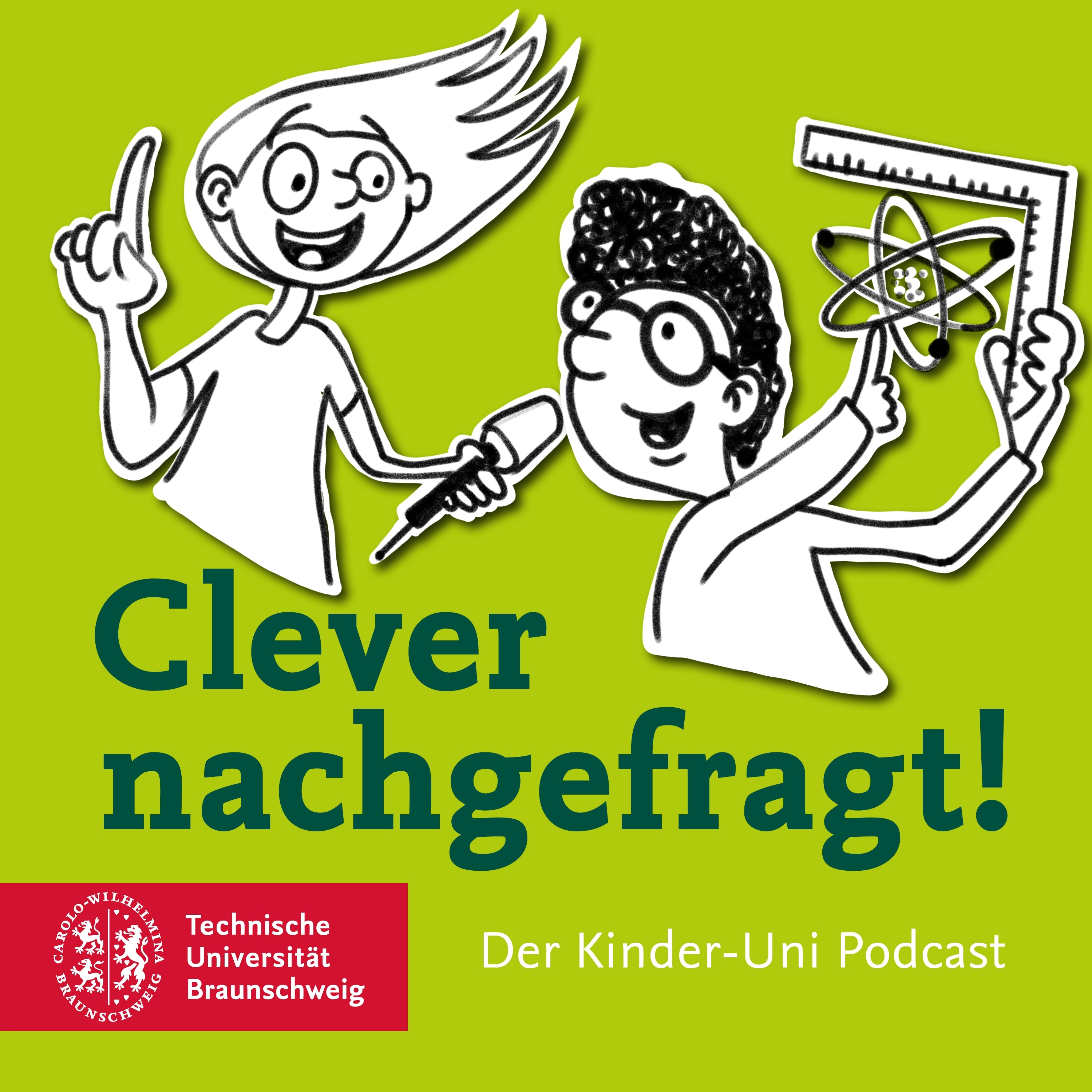 Podcast-Cover Comic-Stil, Mädchen mit Mikrofon und Forscher mit Winkel und Quantum-Symbol