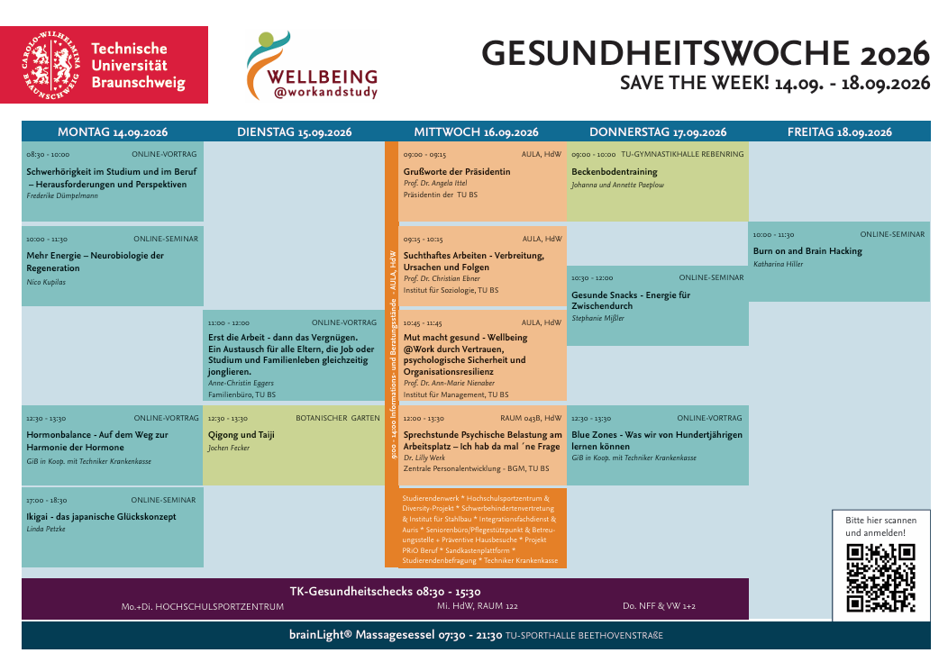 Plan Gesundheitswoche 2026 mit Veranstaltung pro Wochentag, siehe Informationen im Text auf Webseite