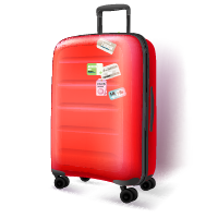 Roter Rollkoffer mit Tickets und Smartphone