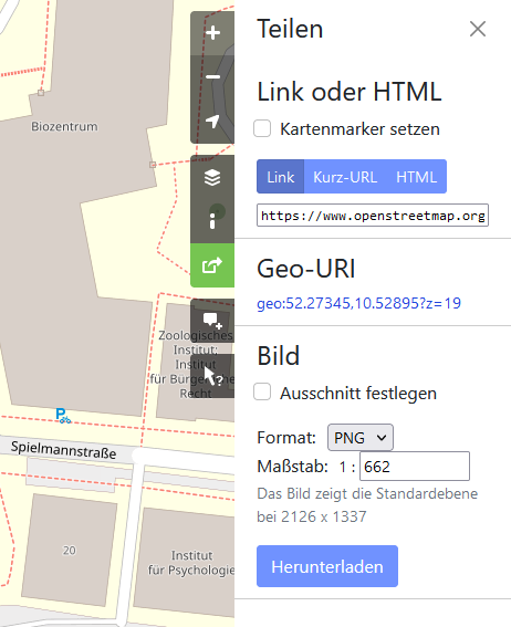 Screenshot of the OpenStreetMap map service explaining the linking function.