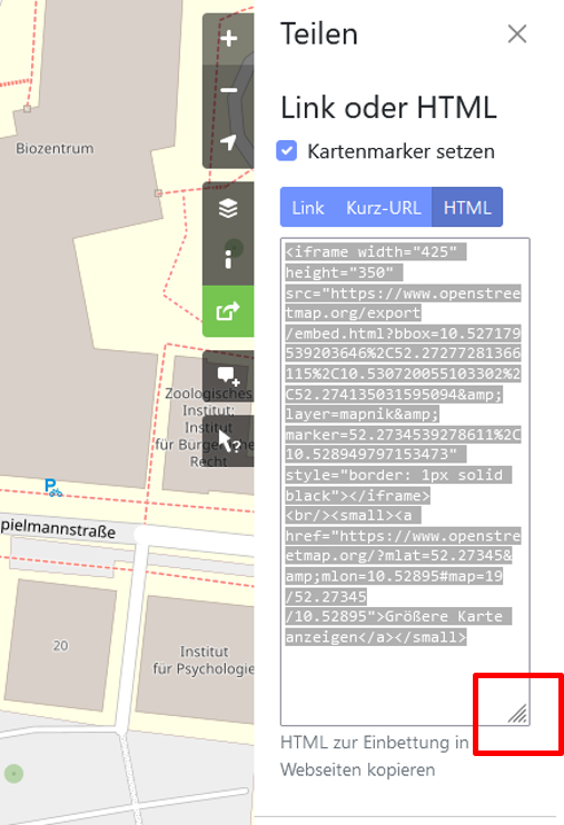Screenshot of the OpenStreetMap map service explaining the linking function.