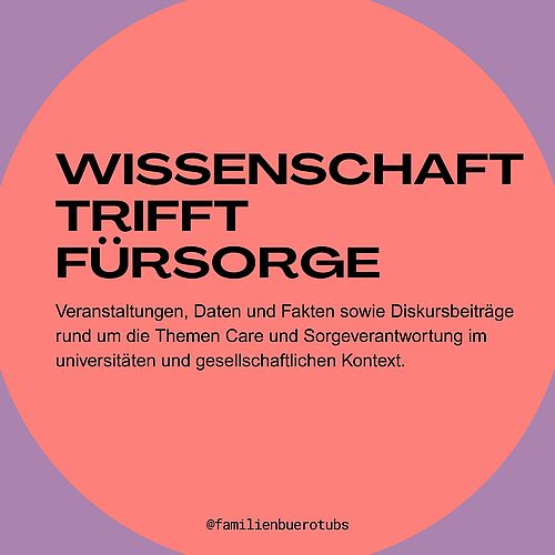 Folie mit der Überschrift Wissenschaft trifft Fürsorge und der Unterschrift  Veranstaltungen, Daten und Fakten sowie Diskursbeiträge rund um die Themen Care und Sorgeverantwortung im universitäten und gesellschaftlichen Kontext
