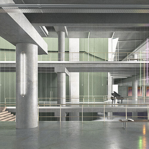 Merle Riemer und Leon Kremer erhielten für ihren Entwurf, das Horten-Kaufhaus Braunschweig in ein Konzerthaus umzubauen, den mit 5.000 Euro dotierten ersten Preis beim Rudolf-Lodders-Preis 2023.