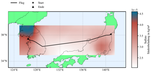 Flugroute durch Gebiete mit unterschiedlichen Sulfatbelastungen