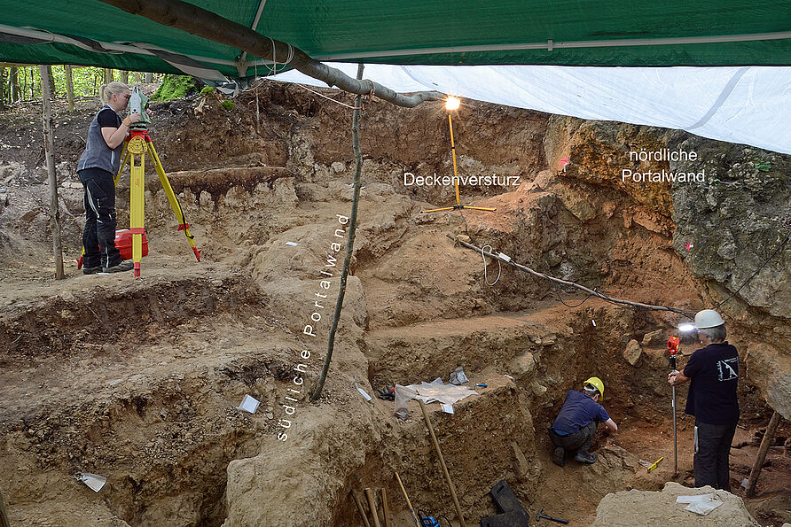 Die Ausgrabungen im verstürzten Eingangsbereich der Höhle im Jahr 2019. Gut erkennbar sind die teilerodierte Südwand und die gut erhaltene Nordwand, während das Höhlendach verstürzt ist. Der verzierte Knochen fand sich in Erdschichten unter der Nordwand.