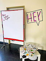 Auf einem Flipchart steht oben links in roter Handschrift „Mein Leben in 15 Jahren“. Rechts daneben an der Wand klebt aus schwarzem Klebeband eine Sprechblase mit einem pink umrandeten Schriftzug „HEY“. Vor der Wand steht ein kleiner weißer Beistelltisch, auf dem zahlreiche runde Papiermotive (u. a. Fahrrad, Doktorhut, Zimmerpflanze) liegen. 