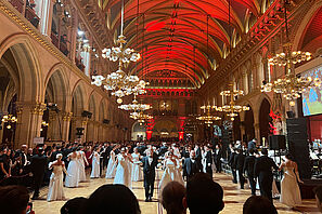 Ein prächtiger Saal im Wiener Rathaus, in dem gerade der Wiener Opernball stattfindet. Eine große Gruppe von Menschen tanzt in Formation.