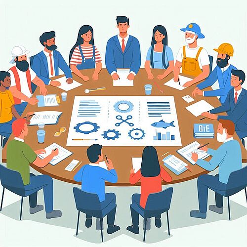 Illustration einer heterogenen Gruppe von Menschen in einer Sitzung. Sie sitzen um einen Tisch herum, auf dem Papiere liegen. Die Leute diskutieren über verschiedene Ideen. Es sind Fischer, Geschäftsleute, Politiker und Ingenieure.
