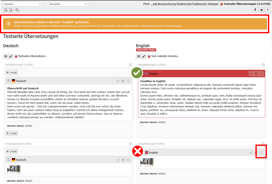 Screenshot of the display of the error "Mixed mode" in the TYPO3 backend