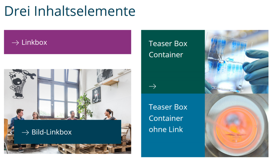 Screenshots von neuen Inhaltselementen im TYPO3-System der TU Braunschweig