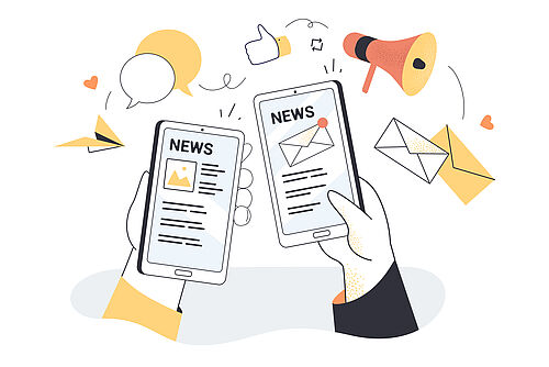 Hand holding smartphones with online newspaper, newsletter, weblog. Cellphone news application, website flat vector illustration. Communication, internet, social media, journalism, information concept