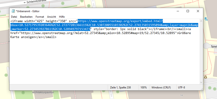 Screenshot of the OpenStreetMap map service explaining the linking function.