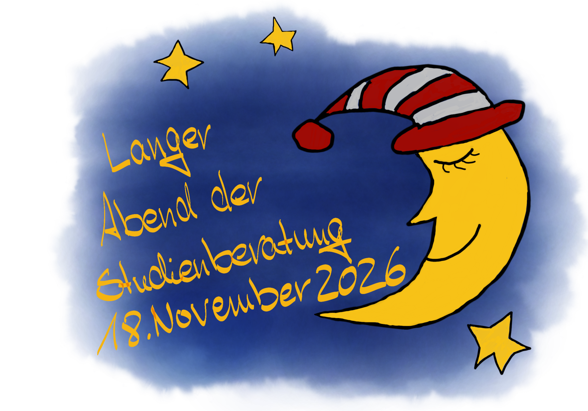 Zu sehen ist ein gemalter, schlafender Halbmond mit Schlafmütze auf der rechten Seite des Bildes. Links steht Langer Abend der Studienberatung 18.11.2026