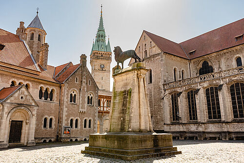 The Burgplatz in the city of Brunswick in the sunshine.