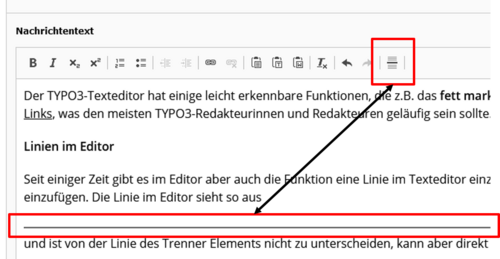 Screenshot des TYPO3-Editors mit Hervorhebung der Funktion "Linie einfügen"