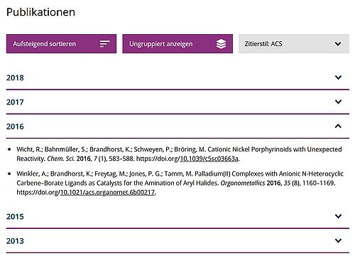 Screenshot des Inhaltselements Publikationsliste