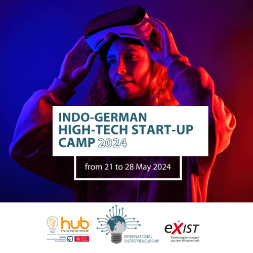 Eine Person mit VR Brille, große Schrift im Vordergrund zum Indo-German High-Tech Start Up Camp.