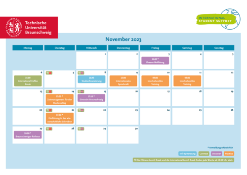Ein Kalenderblatt mit den Veranstaltungen des Student Supports im November.