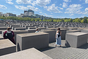 Students walk through the Holocaust Memorial in Berlin.