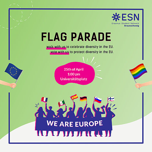 Grafik mit der Aufschrift "Flag Parade" und Menschen die Flaggen und ein Spruchband mit der Aufschrift "We are Europe" in den Händen halten.