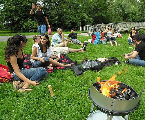 Eine Gruppe von Menschen sitzt im Park und grillt.