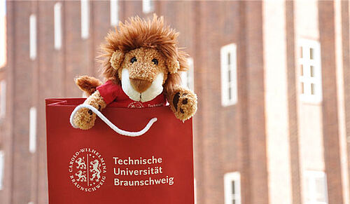 Ein kleiner Löwe in einer Tragetasche der TU Braunschweig