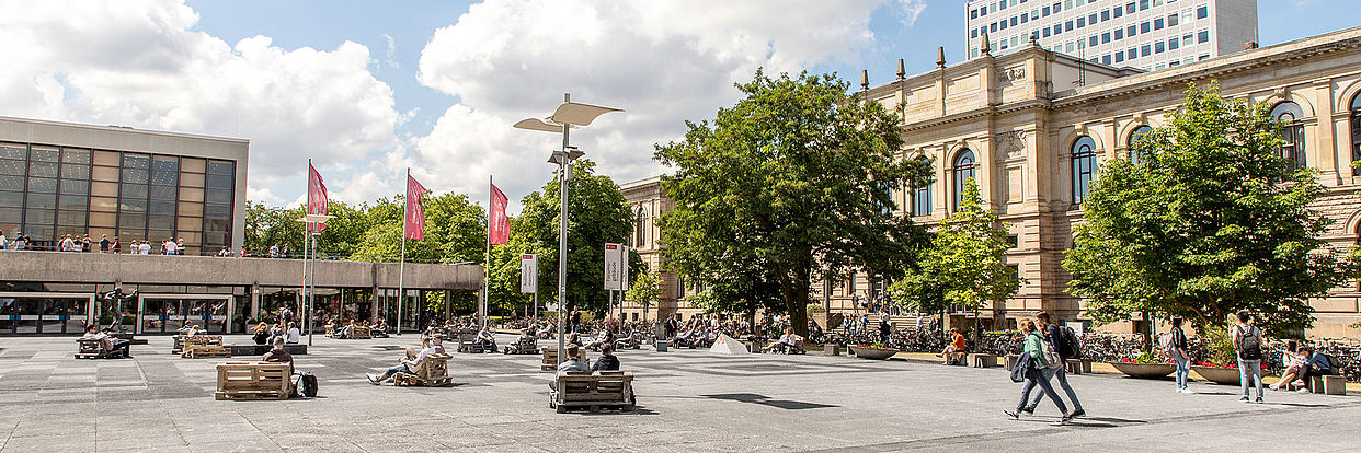 Universitätsplatz of the TU Braunschweig including the main lecture hall Audimax, the Okerhochhaus and the Altgebäude - the Historic Main Building 