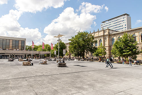 Universitätsplatz of the TU Braunschweig including the main lecture hall Audimax, the Okerhochhaus and the Altgebäude - the Historic Main Building