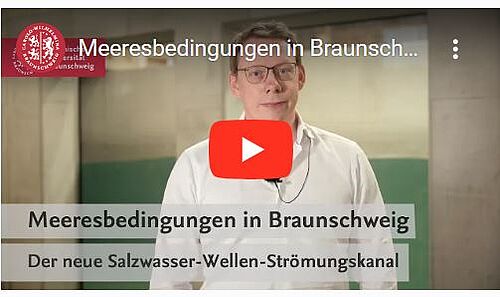 Aufnahme von Prof. Dr.-Ing. Nils Goseberg vor dem neuen Salzwasser-Wellen-Strömungskanal in der Versuchshalle.